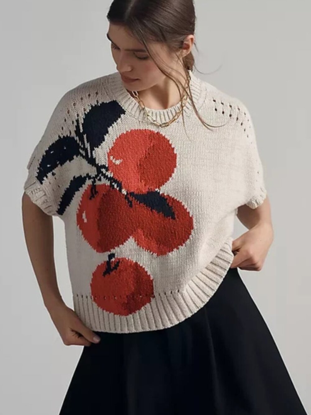 Anthropologie Maeve Short-Sleeve Veggie Motif Graphic Sweater Apples S NWT - Picture 2 of 5